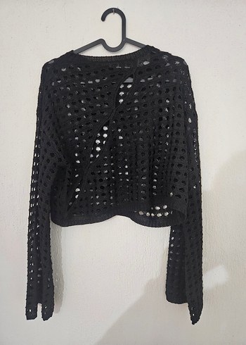 Siyah Örgü Delikli İspanyol Kol Crop Kazak Bluz Set - Görsel 2