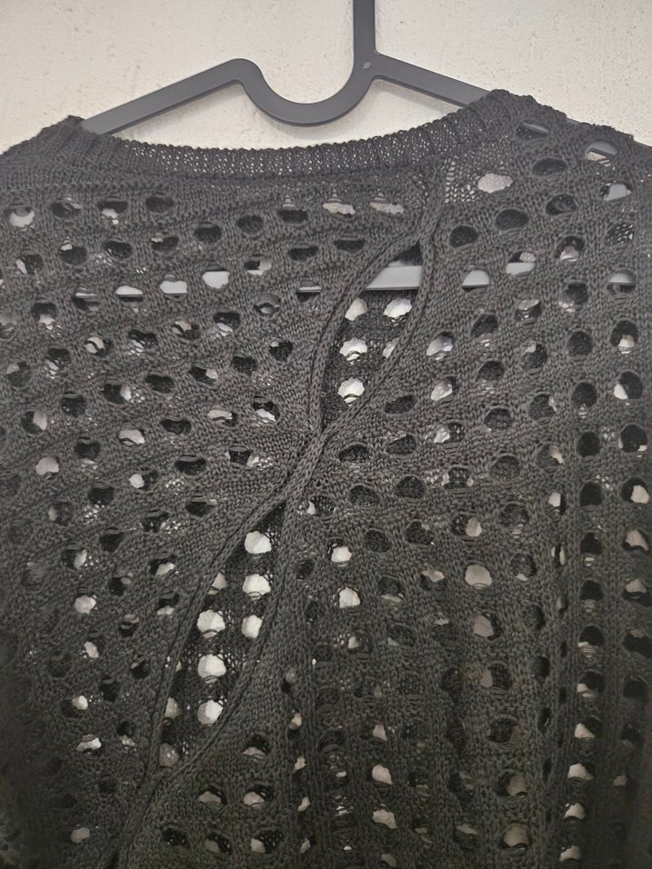 Siyah Örgü Delikli İspanyol Kol Crop Kazak Bluz Set - Görsel 3