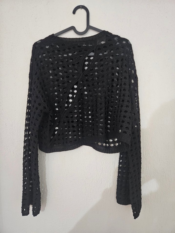 Siyah Örgü Delikli İspanyol Kol Crop Kazak Bluz Set - Görsel 2