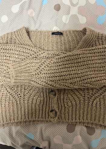 Bej V Yaka Örgü Kadın Hırka - Görsel 2