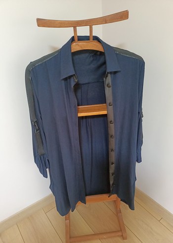 Kemerli Lacivert Denim Kadın Gömlek