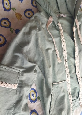 s Beden Nakış Detaylı Yeşil Kapüşonlu Kadın pull up hoodie