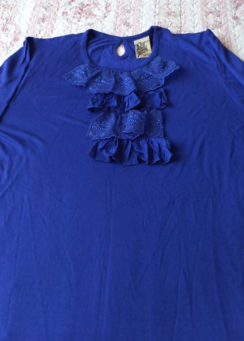 Uzun Kollu Mavi Fırfırlı Bohem Bluz - Görsel 3