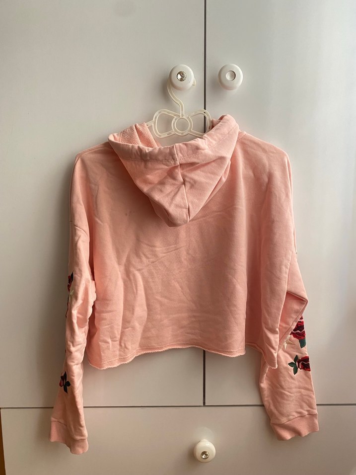 Nakış Gül Detaylı Pembe Kapüşonlu Sweatshirt - Görsel 2