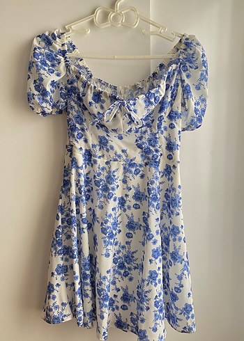 Mavi Çiçek Desenli Bohem Midi Elbise - Görsel 2