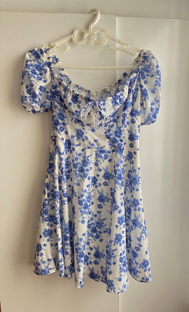 Mavi Çiçek Desenli Bohem Midi Elbise - Görsel 2