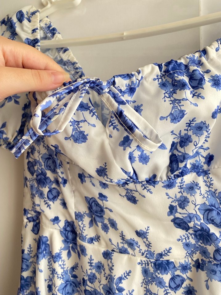 Mavi Çiçek Desenli Bohem Midi Elbise - Görsel 5