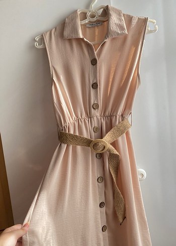 Bej Kemerli Kolsuz Uzun Keten Elbise - Görsel 2