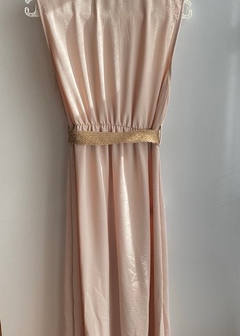 Bej Kemerli Kolsuz Uzun Keten Elbise - Görsel 4