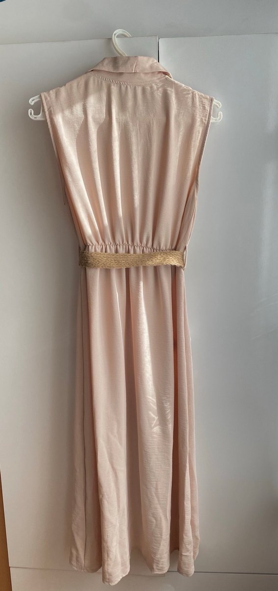 Bej Kemerli Kolsuz Uzun Keten Elbise - Görsel 4