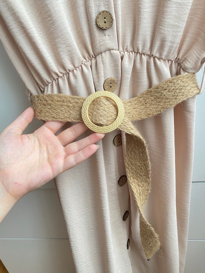 Bej Kemerli Kolsuz Uzun Keten Elbise - Görsel 5