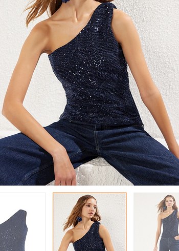 Lacivert Simli Tek Omuzlu Kadın Bluz - Görsel 2