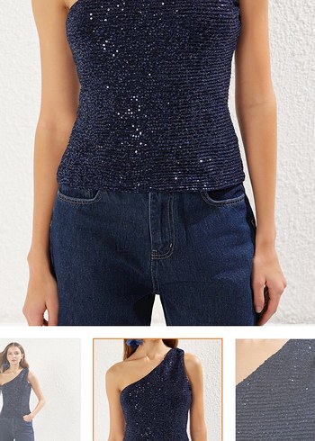 Lacivert Simli Tek Omuzlu Kadın Bluz - Görsel 3