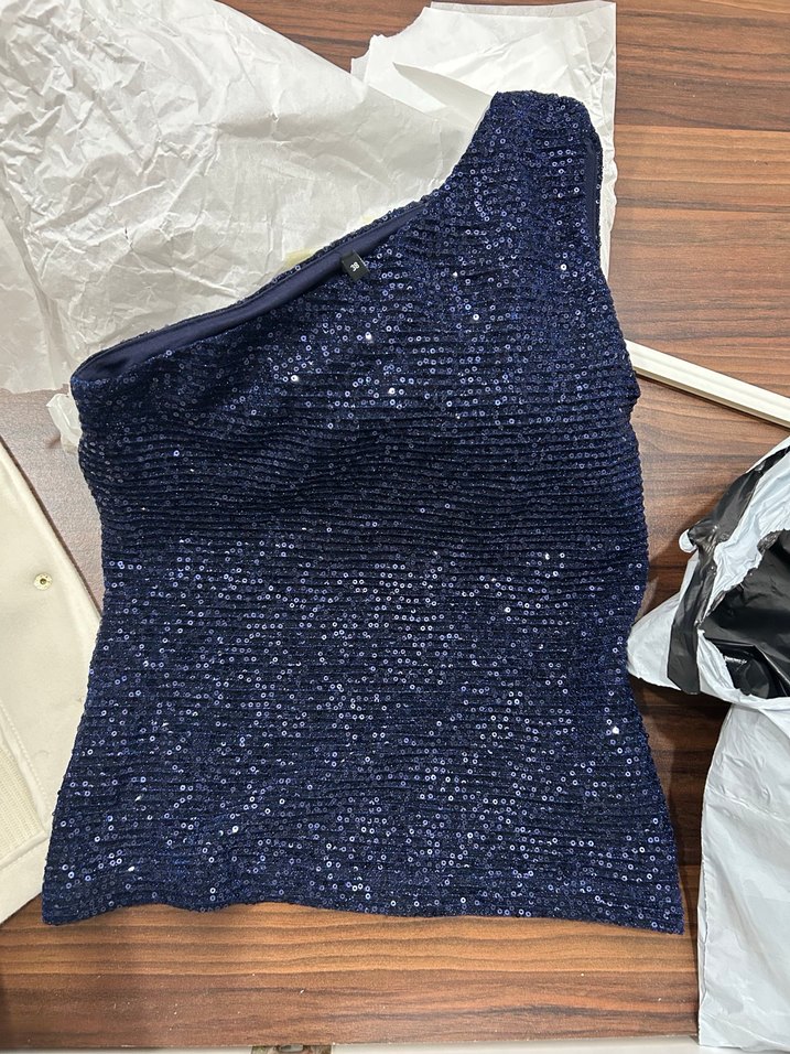 Lacivert Simli Tek Omuzlu Kadın Bluz - Görsel 5