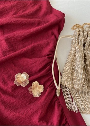 Bordo Drapeli Uzun Kolsuz Elbise - Görsel 2