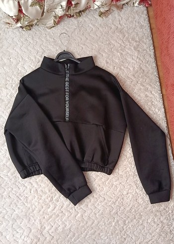 Siyah Yarım Fermuarlı Mini Sweatshirt