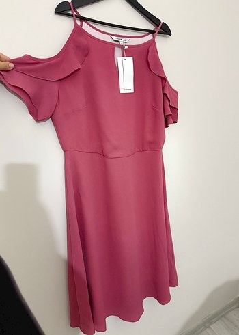 Pembe kolları volanlı midi elbise - Görsel 2