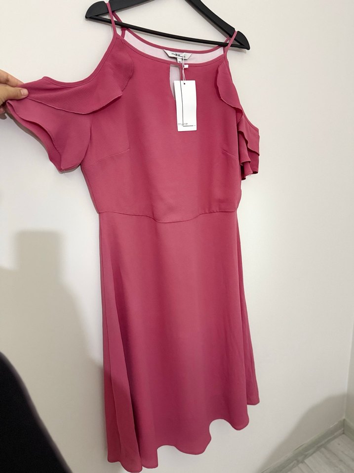 Pembe kolları volanlı midi elbise - Görsel 2