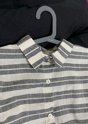 Gri Çizgili Kısa Kollu Keten Gömlek simli - Görsel 3