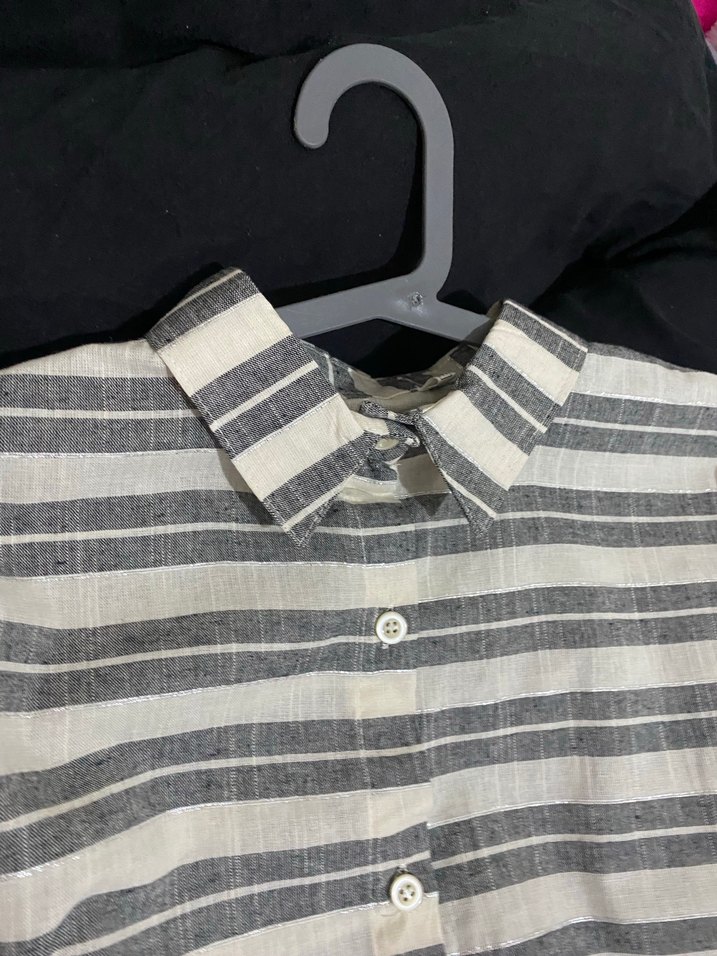 Gri Çizgili Kısa Kollu Keten Gömlek simli - Görsel 3