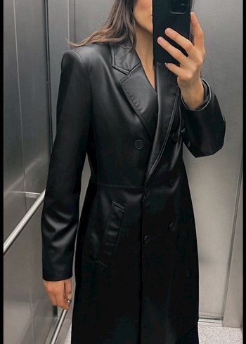 Düğmeli Siyah Deri Kadın Uzun KABAN - Görsel 2