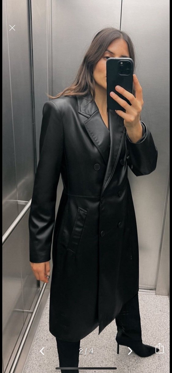 Düğmeli Siyah Deri Kadın Uzun KABAN - Görsel 2