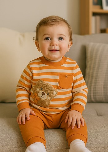 Kahverengi Çizgili Uzun Kollu Bebek Takımı - Görsel 2