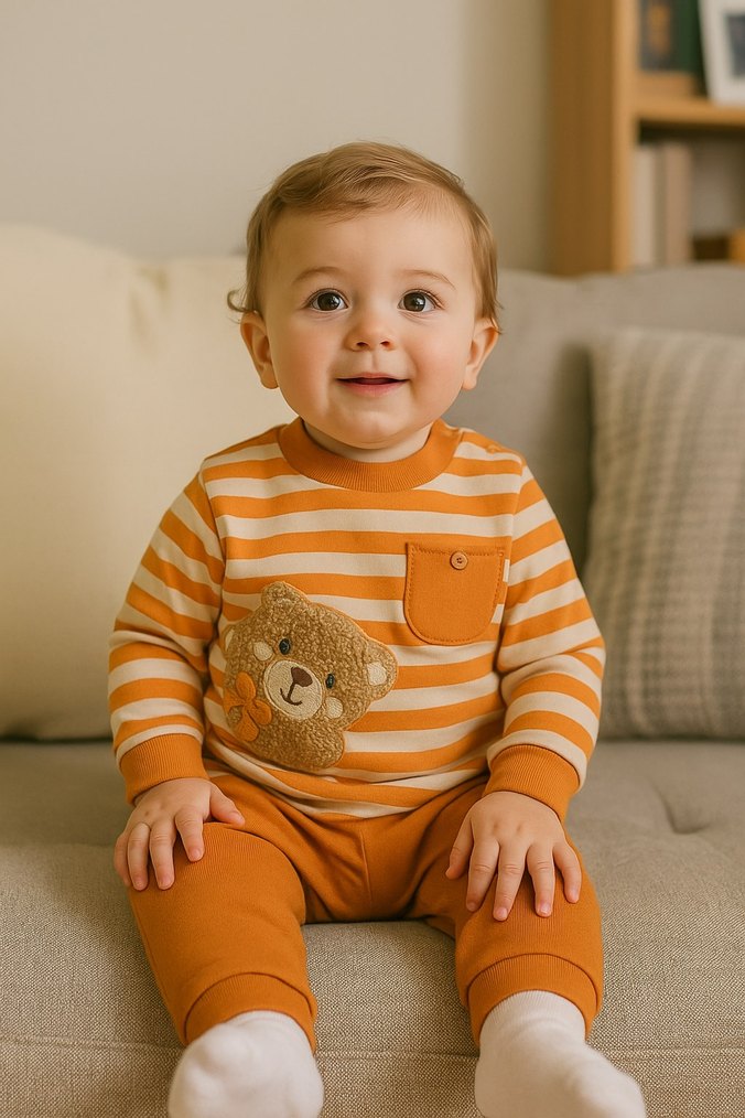 Kahverengi Çizgili Uzun Kollu Bebek Takımı - Görsel 2