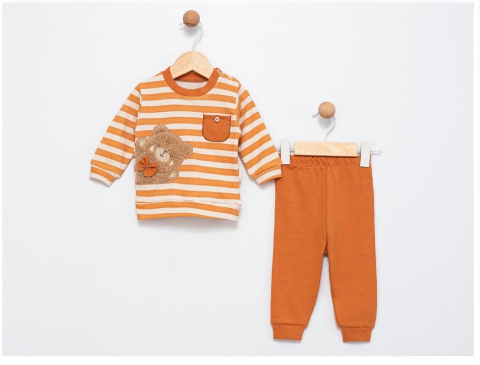 Kahverengi Çizgili Uzun Kollu Bebek Takımı - Görsel 3