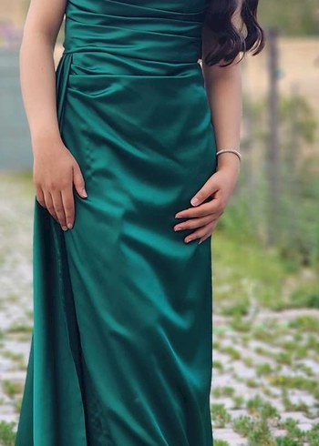 Drapeli Yeşil Uzun Abiye Elbise - Görsel 3