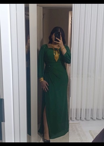 Yeşil Uzun Bohem V Yaka Elbise - Görsel 3