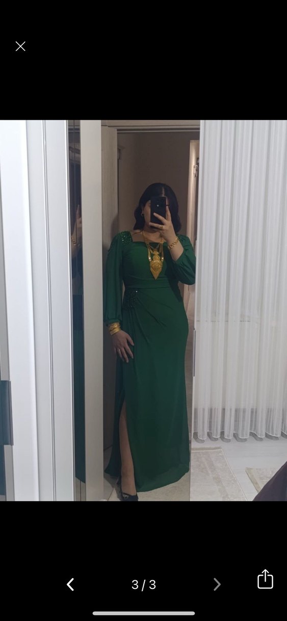 Yeşil Uzun Bohem V Yaka Elbise - Görsel 3