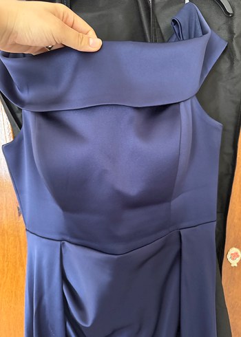 Uzun Lacivert Straplez Saten Abiye Elbise - Görsel 3