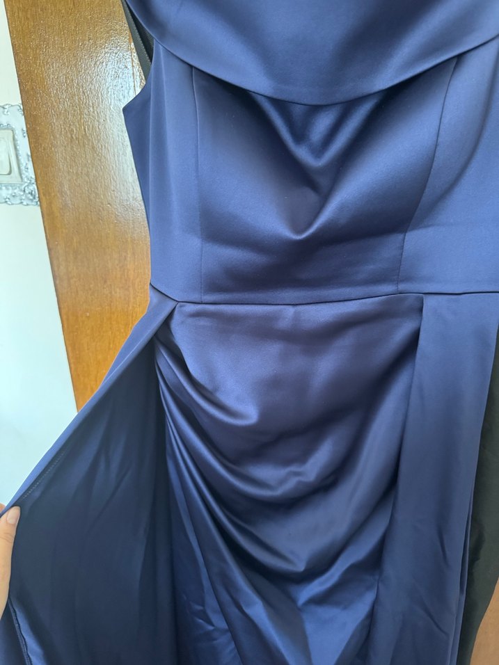 Uzun Lacivert Straplez Saten Abiye Elbise - Görsel 4