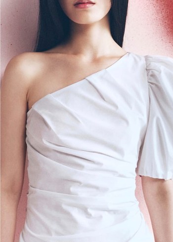 Tek Omuz Drapeli Beyaz Mini Elbise - Görsel 2