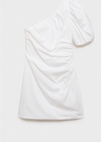 Tek Omuz Drapeli Beyaz Mini Elbise - Görsel 3