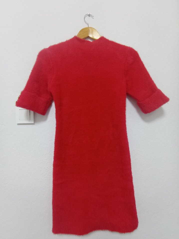 Düğmeli Kırmızı Kadın Mini Elbise - Görsel 4