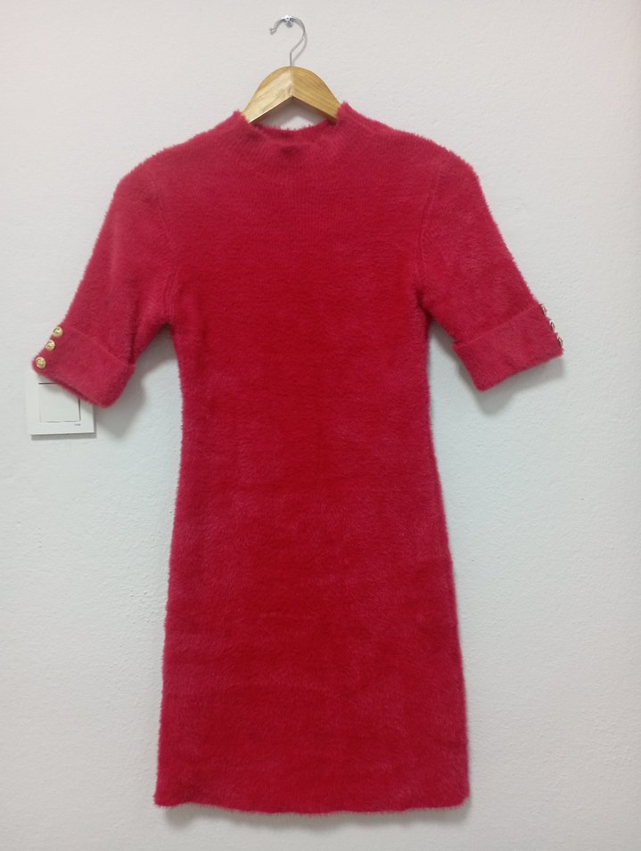 Düğmeli Kırmızı Kadın Mini Elbise - Görsel 5