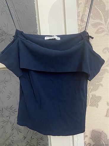 l Beden Omuzları açık Stradivarius lacivert crop bluz