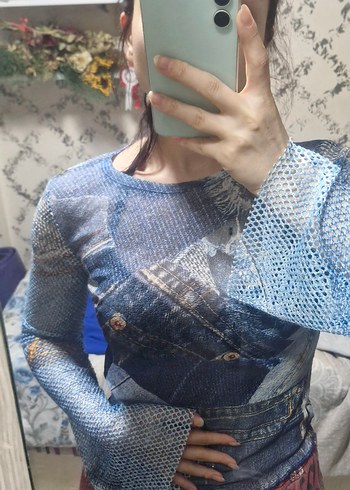 Uzun Kollu Kadın Denim Tül Bluz