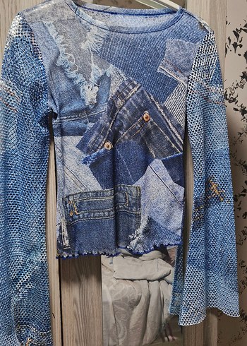 Zara Uzun Kollu Kadın Denim Tül Bluz