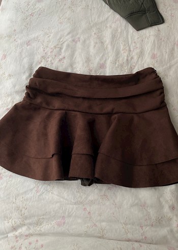 Kahverengi Süet Volanlı Mini Etek - Görsel 2