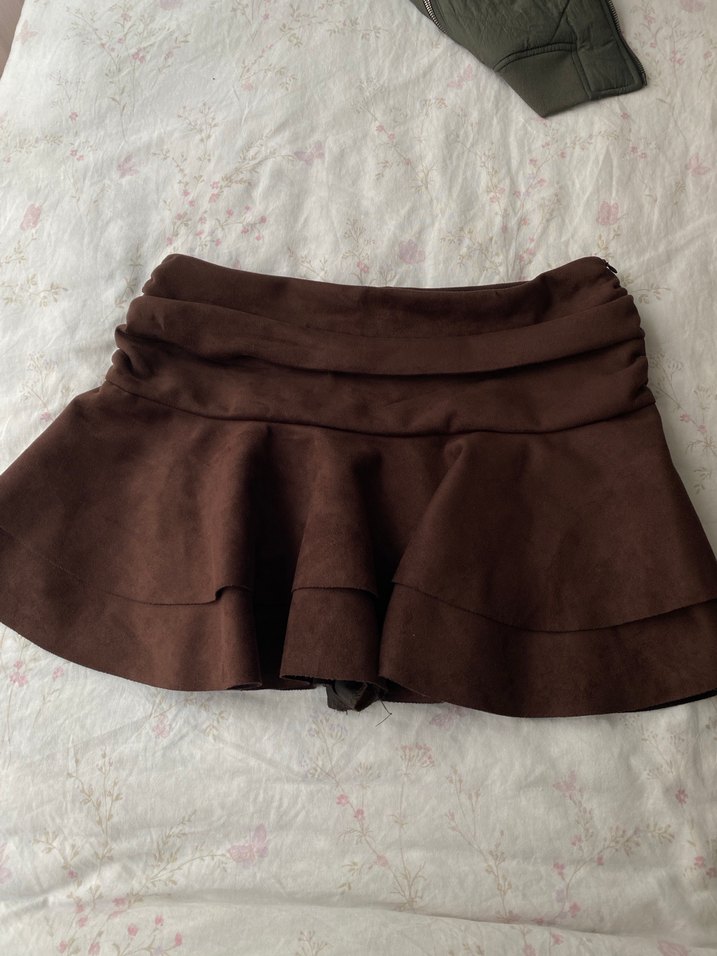 Kahverengi Süet Volanlı Mini Etek - Görsel 2