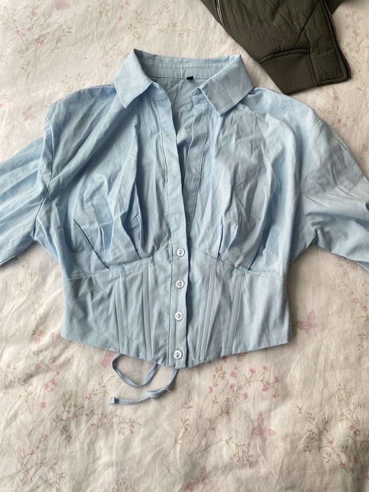 Düğmeli Mavi Keten Kadın Gömlek - Görsel 2
