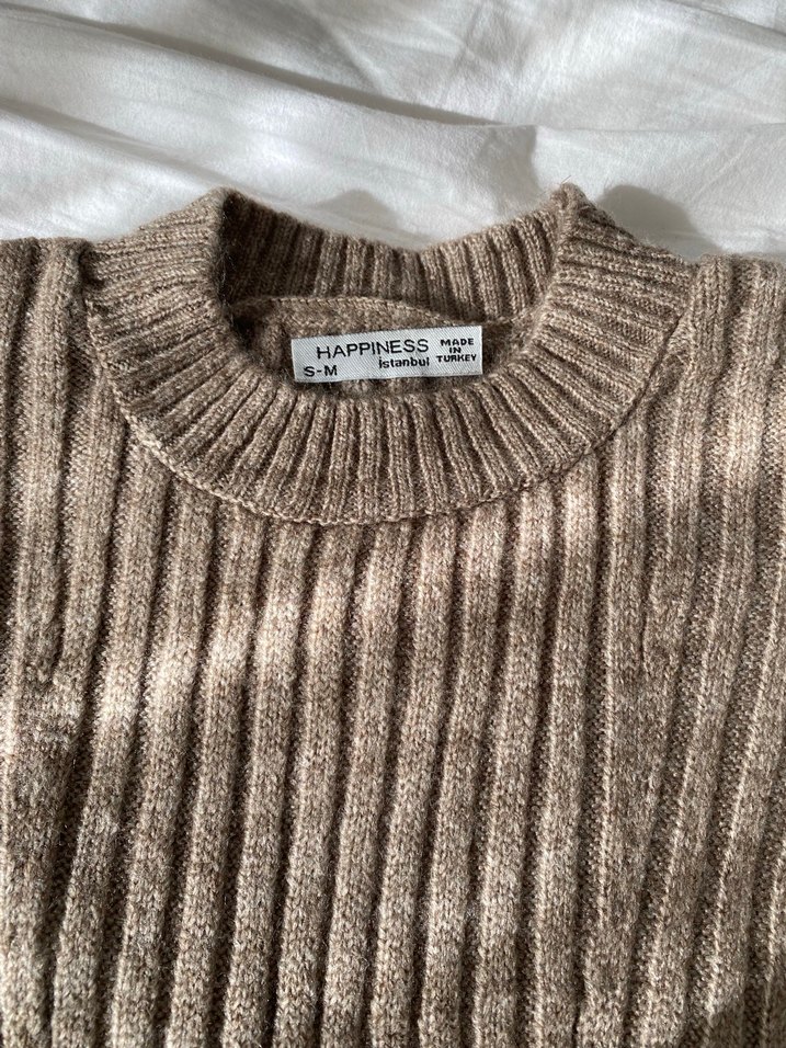 Kahverengi Fitilli Triko Kadın Elbise - Görsel 2