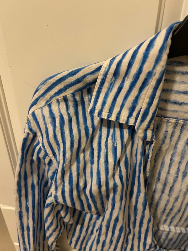 Zara Mavi Çizgili Kısa Keten Gömlek - Görsel 2