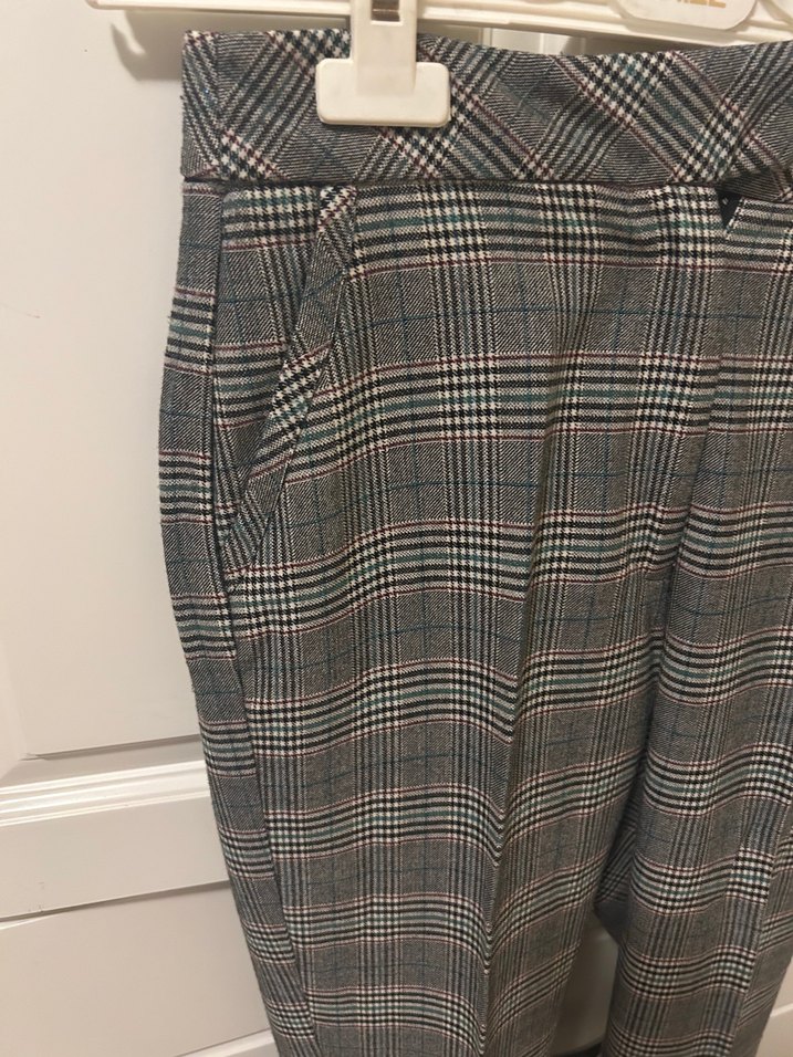 Mango Kemerli Gri Ekose Kadın Kumaş Pantolon - Görsel 3