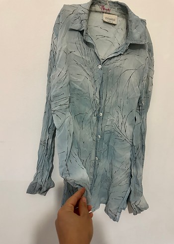 Diğer Gri Bağlamalı Desenli Uzun Keten Gömlek