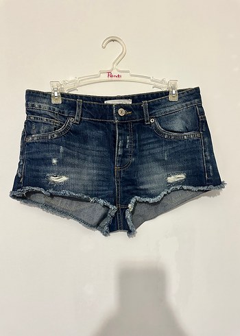 Düğmeli Koyu Mavi Mini Kot Şort