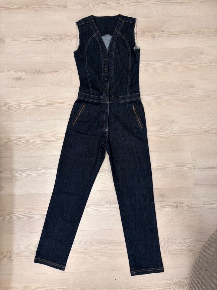 Kadın Lacivert Kemerli Denim Tulum - Görsel 2